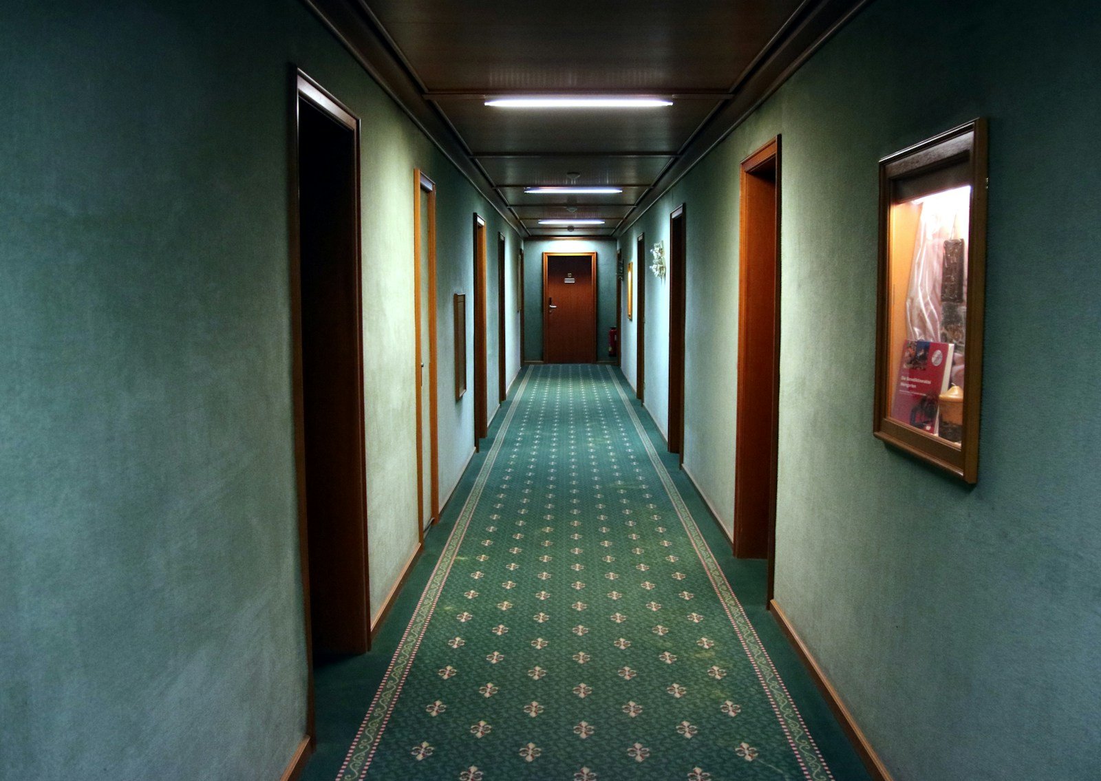 empty hallway with green runner rug